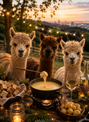 Fondue umgeben von Alpakas - Fräschels