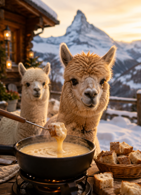 Fondue umgeben von Alpakas